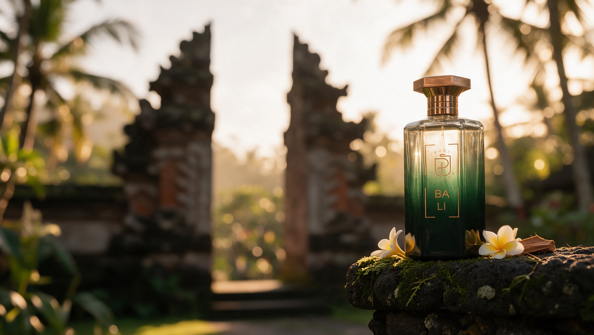 Pure Island Bali Eau de Parfum auf moosigem Stein vor einem balinesischen Tempeltor mit Frangipani