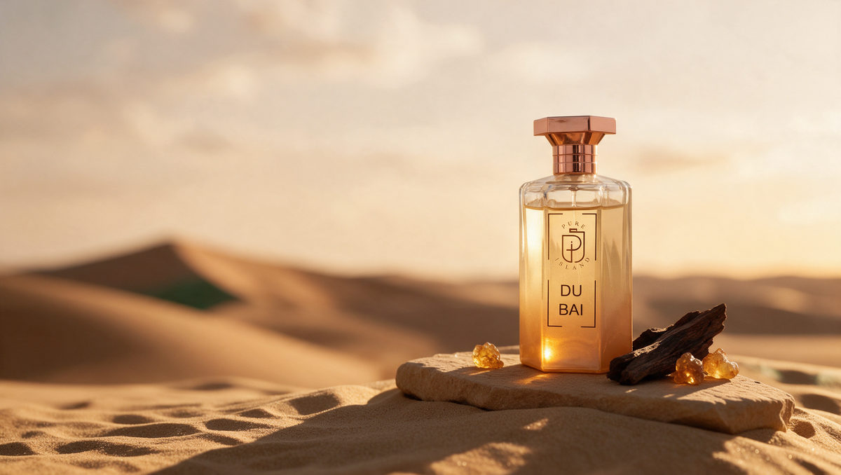 Pure Island Dubai Eau de Parfum auf Sandstein in der Wüste mit Oud-Holz und Amberharz