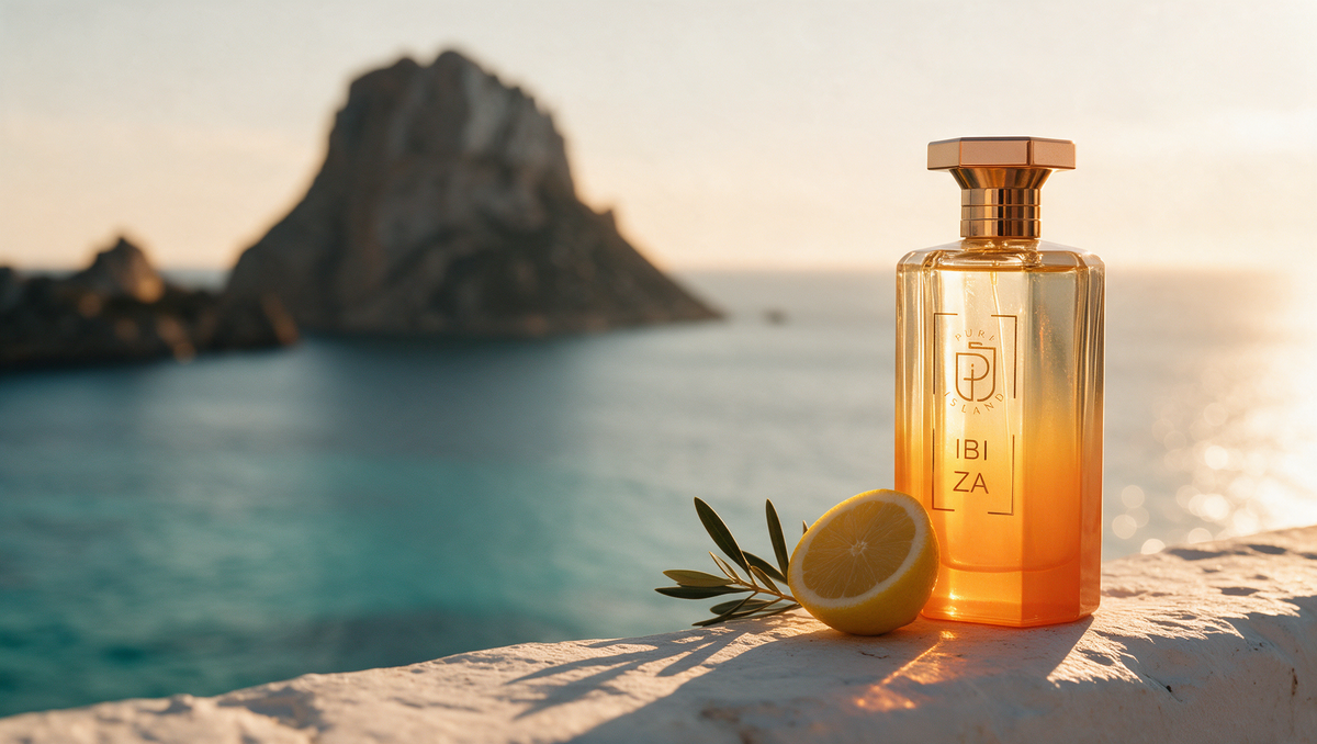 Pure Island Ibiza Eau de Parfum auf weißer Mauer über dem Meer mit Es Vedrà im Sonnenuntergang